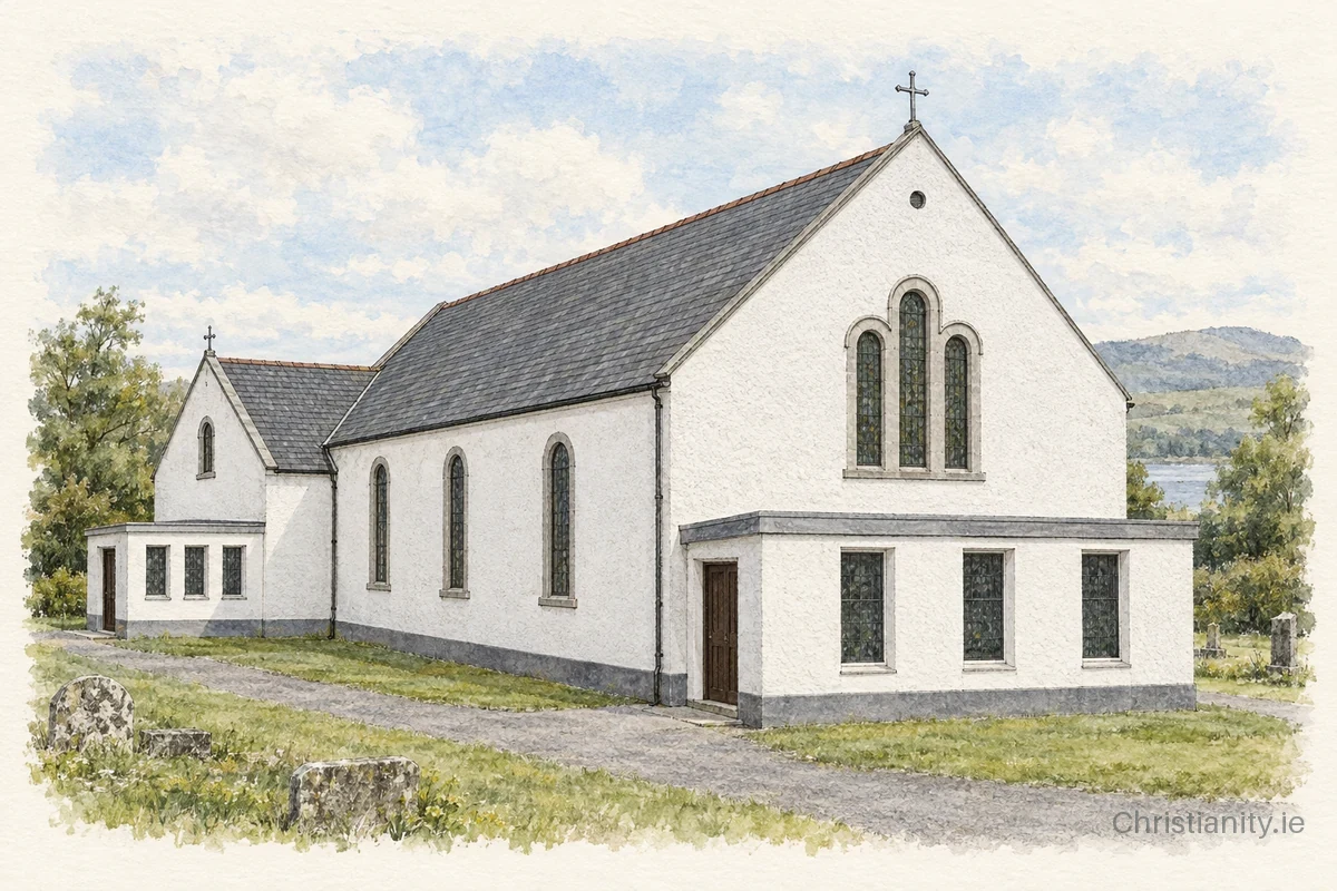Watercolour and ink illustration of St Mary's Church, Tourmakeady