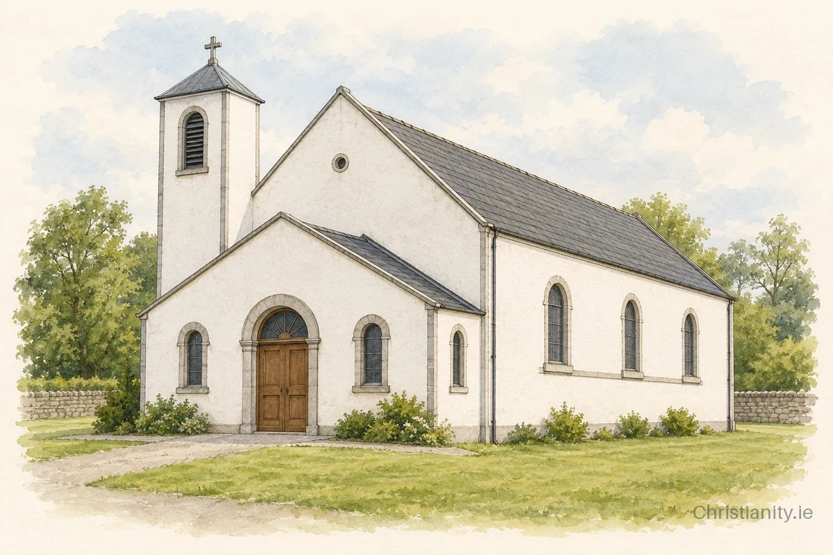 Watercolour and ink illustration of St. Matthew's Church, Crosskeys