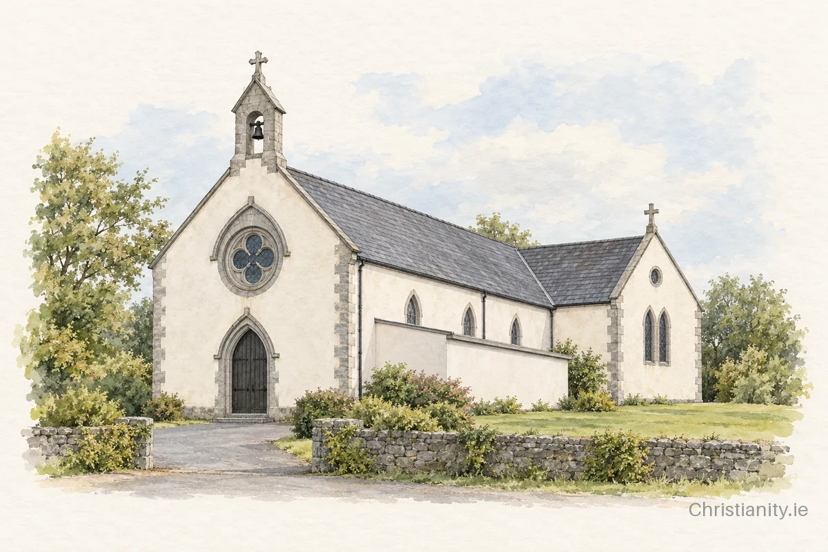 Watercolour and ink illustration of St Michael’s Church, Bornacoola