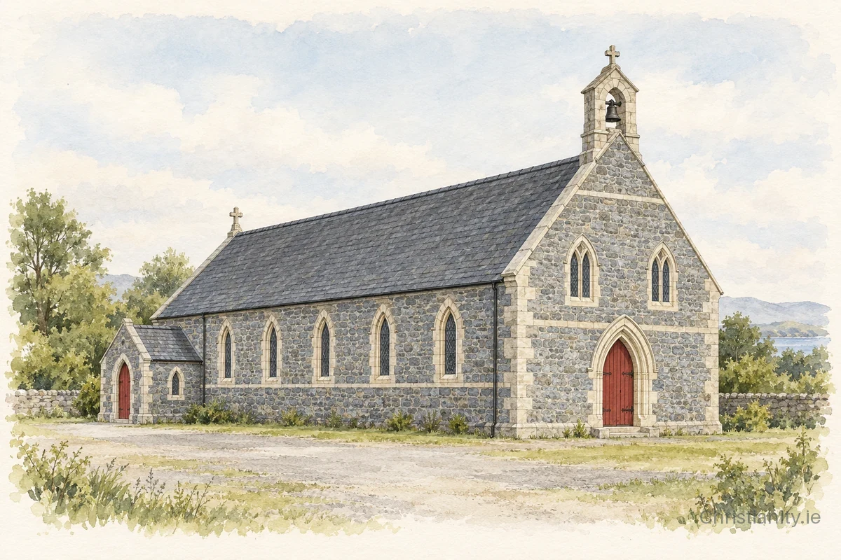 Watercolour and ink illustration of St. Mochua's Chapel, Derrynoose