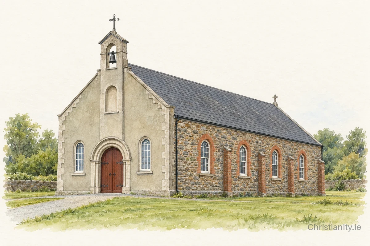 Watercolour and ink illustration of St. Moling's Church, Ballycanew