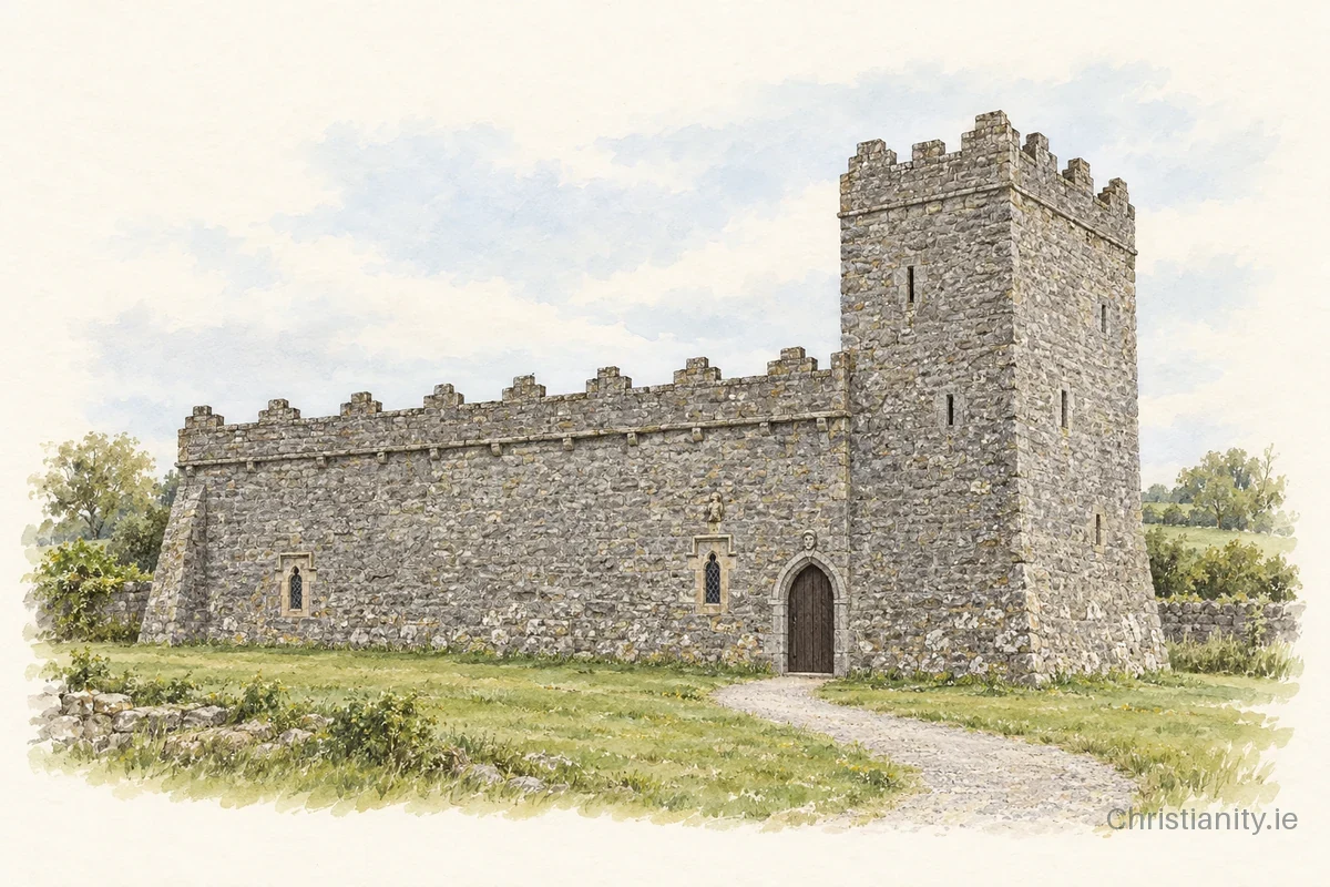 Watercolour and ink illustration of St Munna's Church