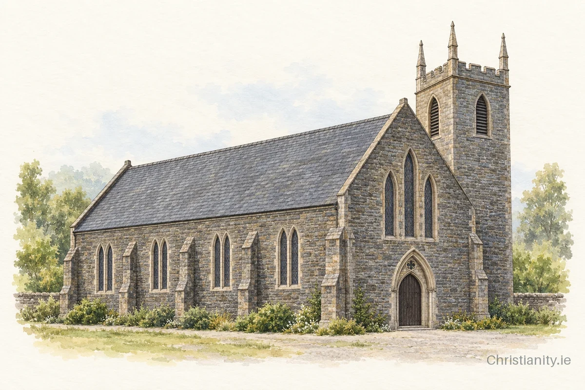 Watercolour and ink illustration of St. Naile's, Kinawley