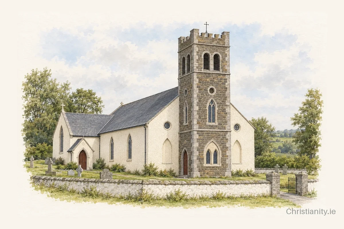 Watercolour and ink illustration of St. Nicholas Church, Ballyduff