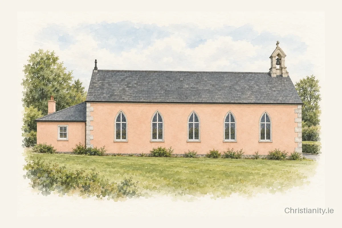 Watercolour and ink illustration of St. Nicholas' Church, Kilcorney