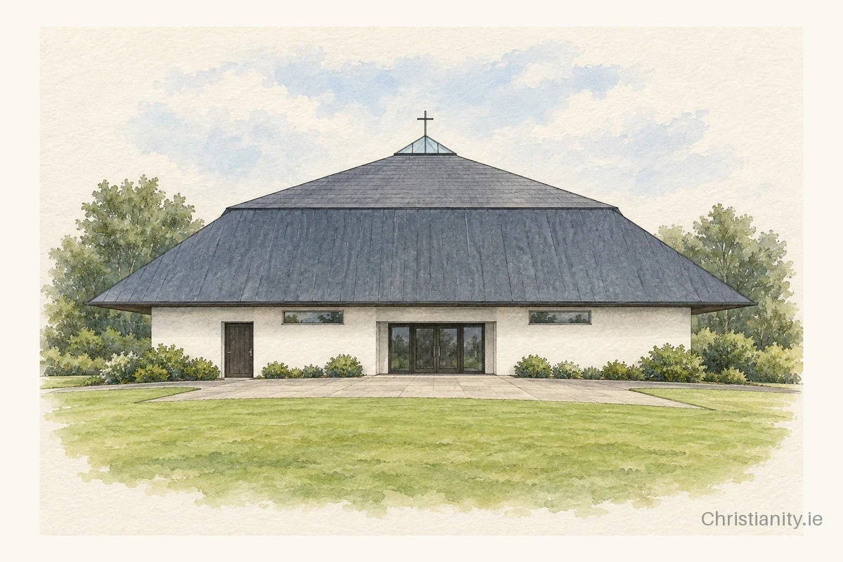 Watercolour and ink illustration of St. Oliver Plunkett Church, Mugret