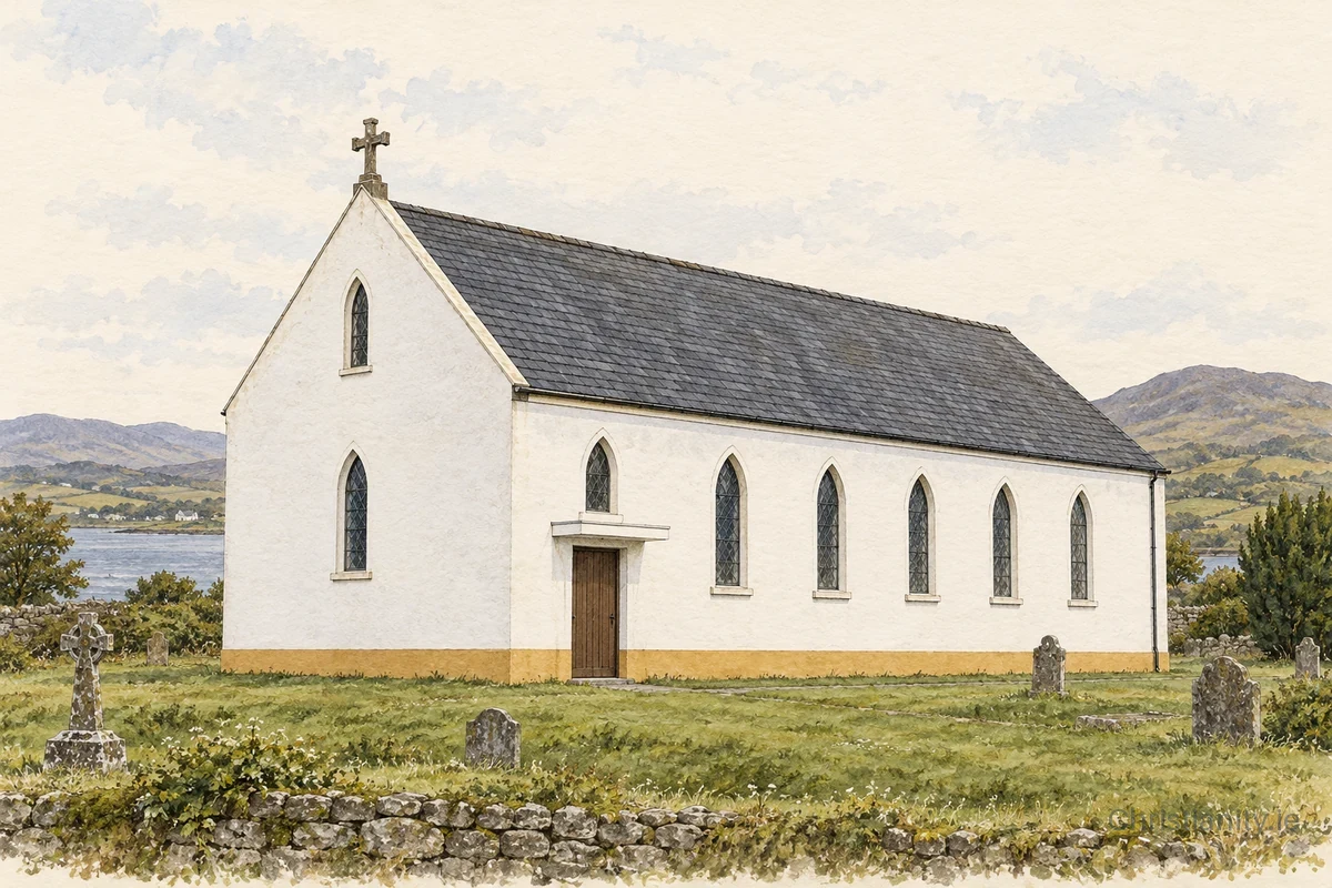 Watercolour and ink illustration of St Patrick’s, Aughaclay