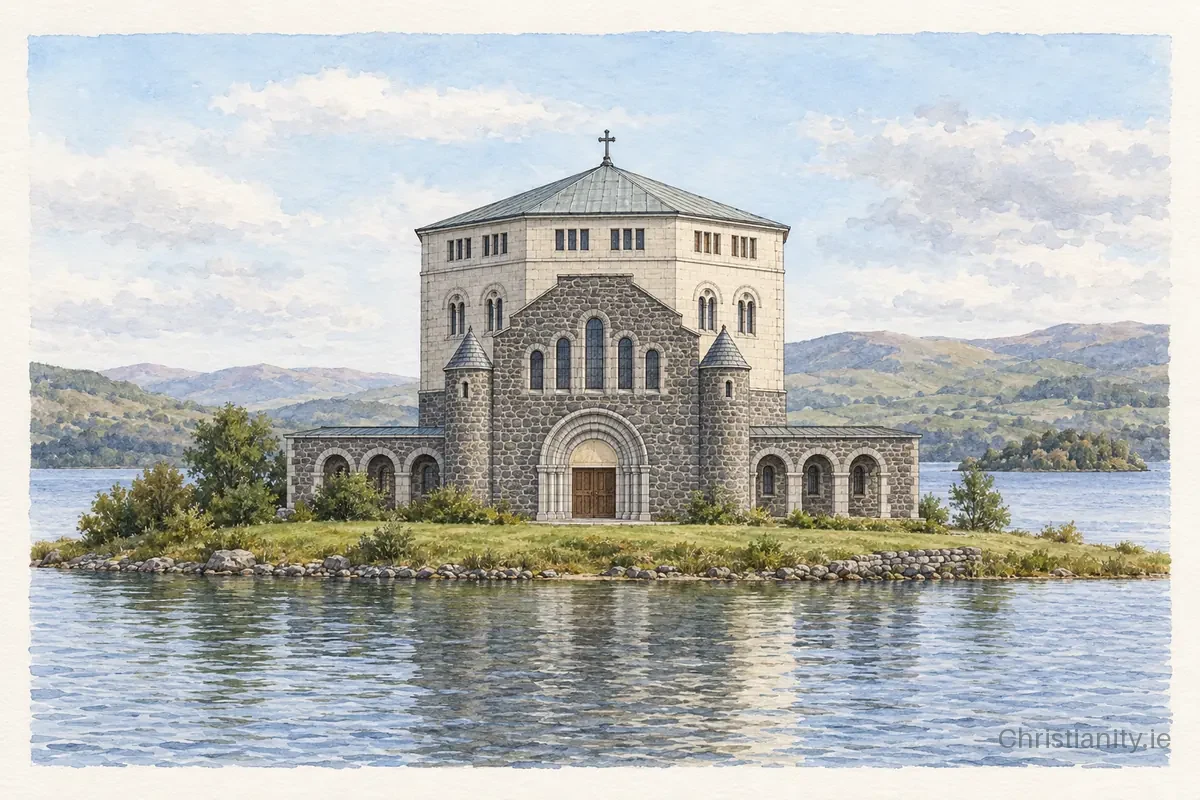 Watercolour and ink illustration of St Patrick's Basilica, Lough Derg