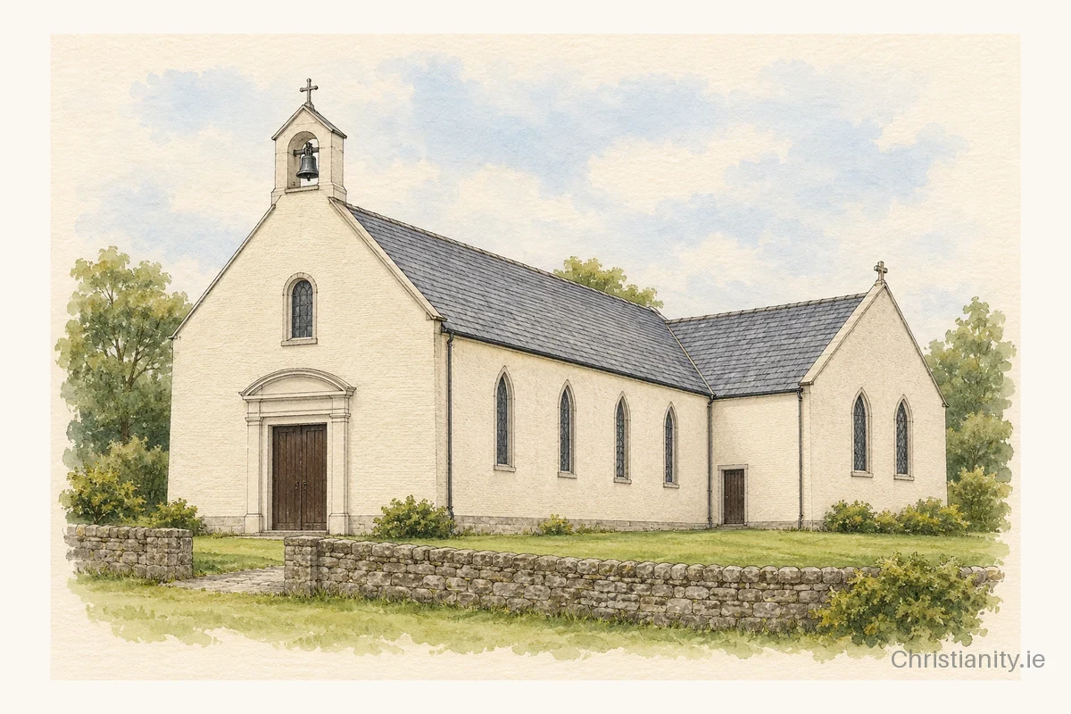 Watercolour and ink illustration of St. Patrick’s Church, Anglesboro