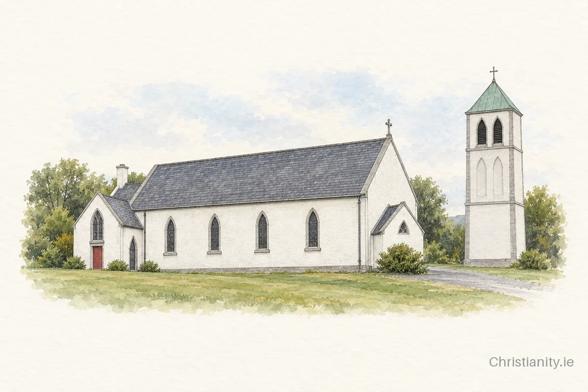 Watercolour and ink illustration of St. Patrick's Church, Aughawillan