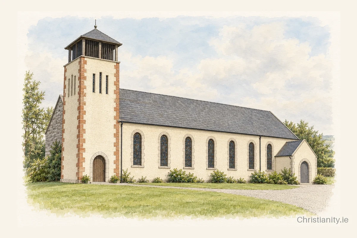 Watercolour and ink illustration of St Patrick’s Church, Ballinamuck