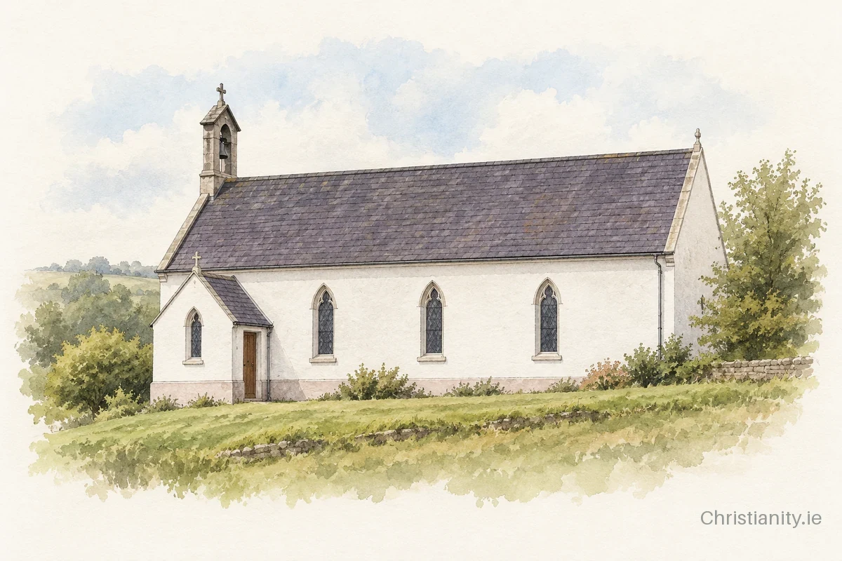 Watercolour and ink illustration of St Patrick’s Church, Ballyfarnon