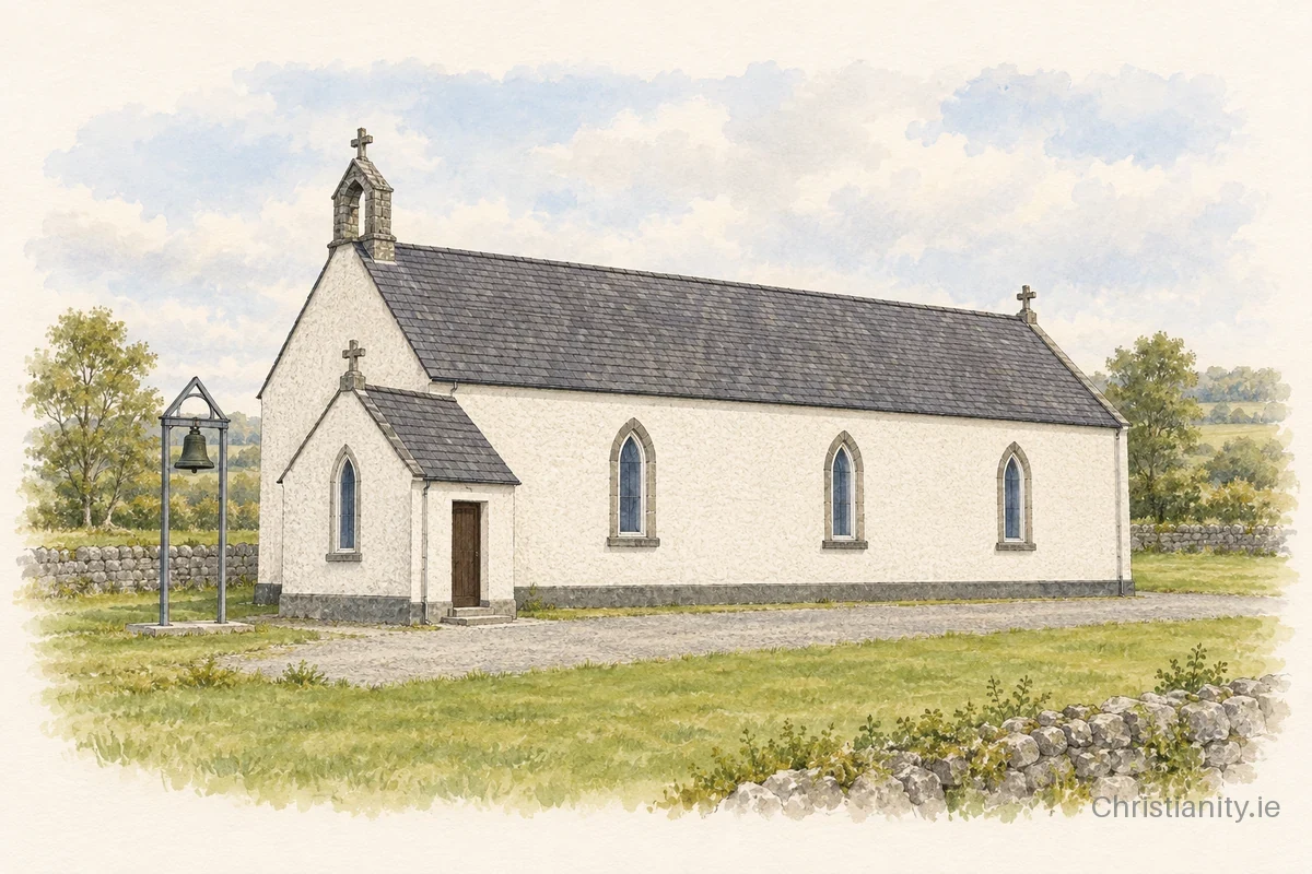 Watercolour and ink illustration of St Patrick's Church, Ballyglass