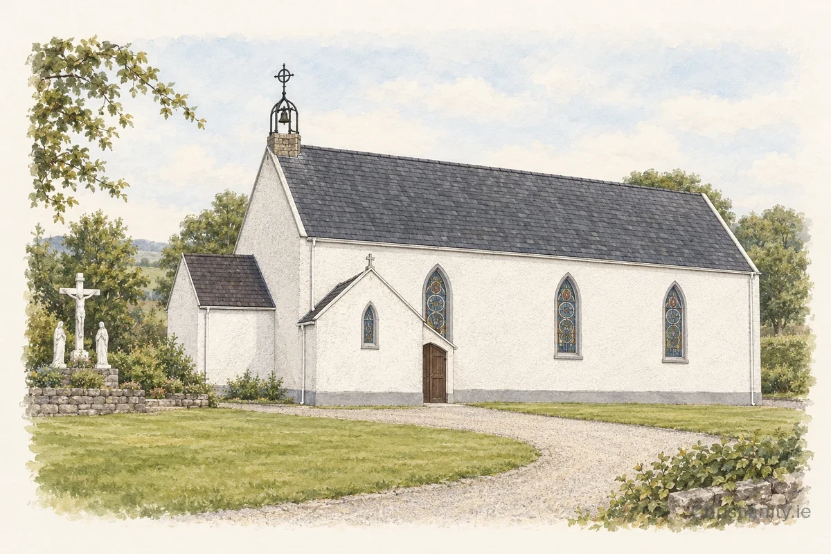 Watercolour and ink illustration of St Patrick's Church, Calry