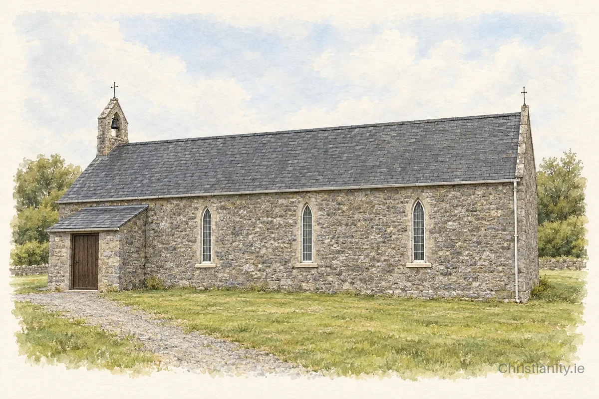 Watercolour and ink illustration of St Patrick's Church, Cloonycolgan
