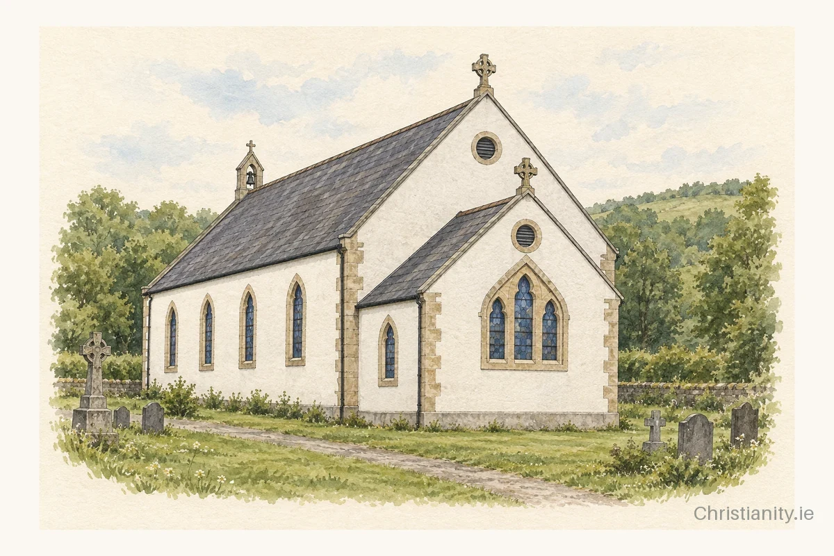 Watercolour and ink illustration of St Patrick's Church, Cushendun