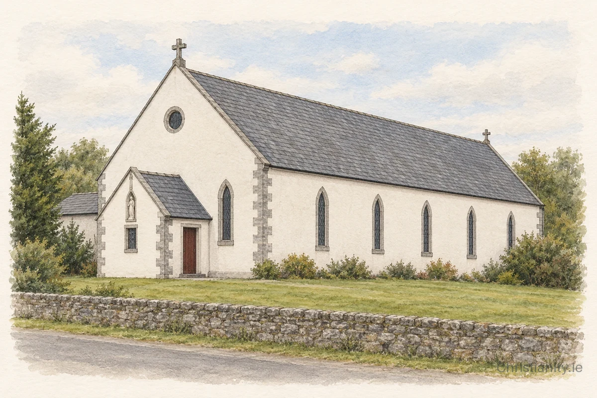 Watercolour and ink illustration of St Patrick's Church, Drumboylan