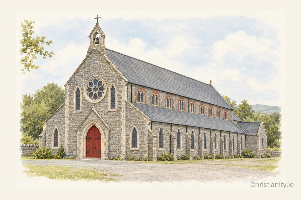 Watercolour and ink illustration of St. Patrick's Church, Glenamaddy