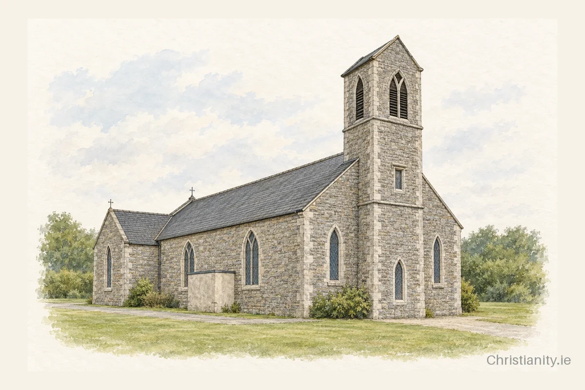 Watercolour and ink illustration of St. Patrick's Church, Kilmaine