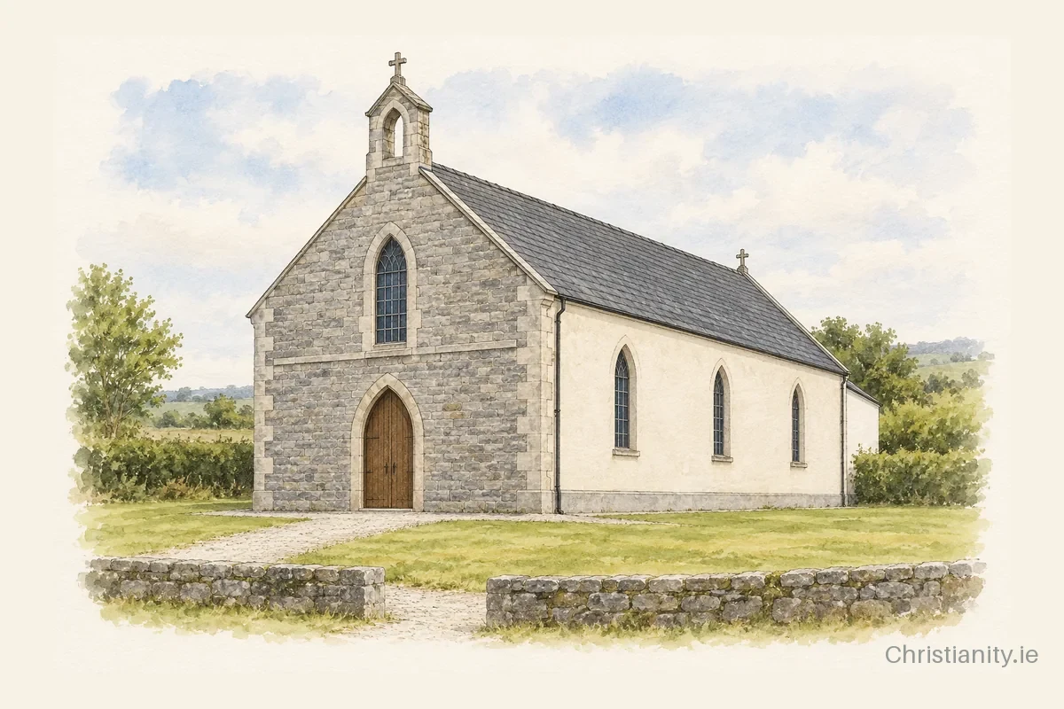 Watercolour and ink illustration of St. Patrick's Church, Knock