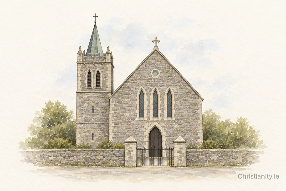Watercolour and ink illustration of St Patrick's Church, Knockcroghery