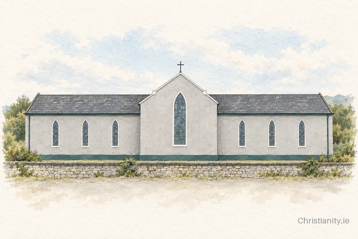 Watercolour and ink illustration of St. Patrick's Church, Lahardane
