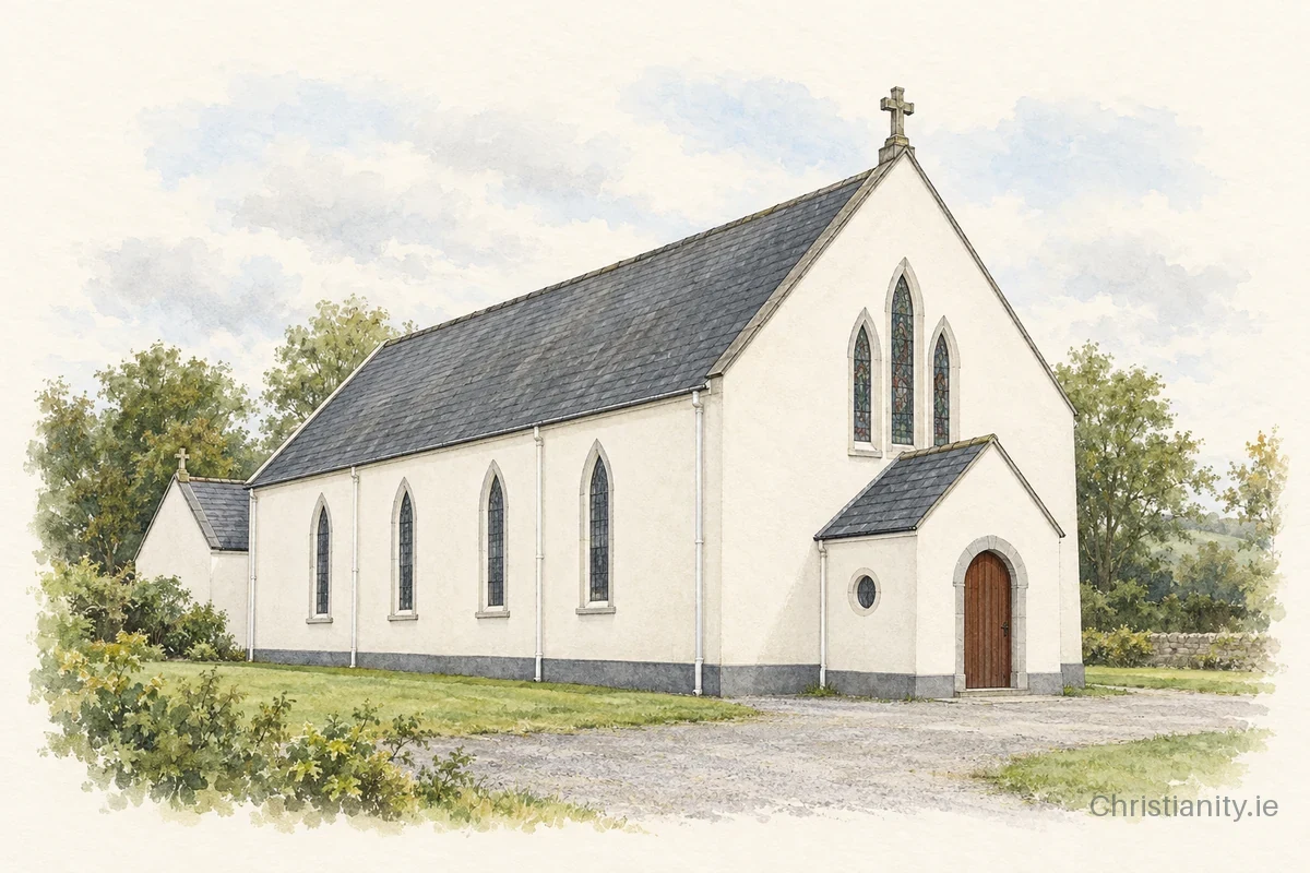 Watercolour and ink illustration of St. Patrick's Church, Moylough