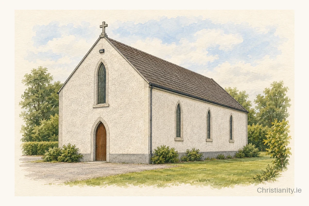 Watercolour and ink illustration of St Patrick's Church, The Island