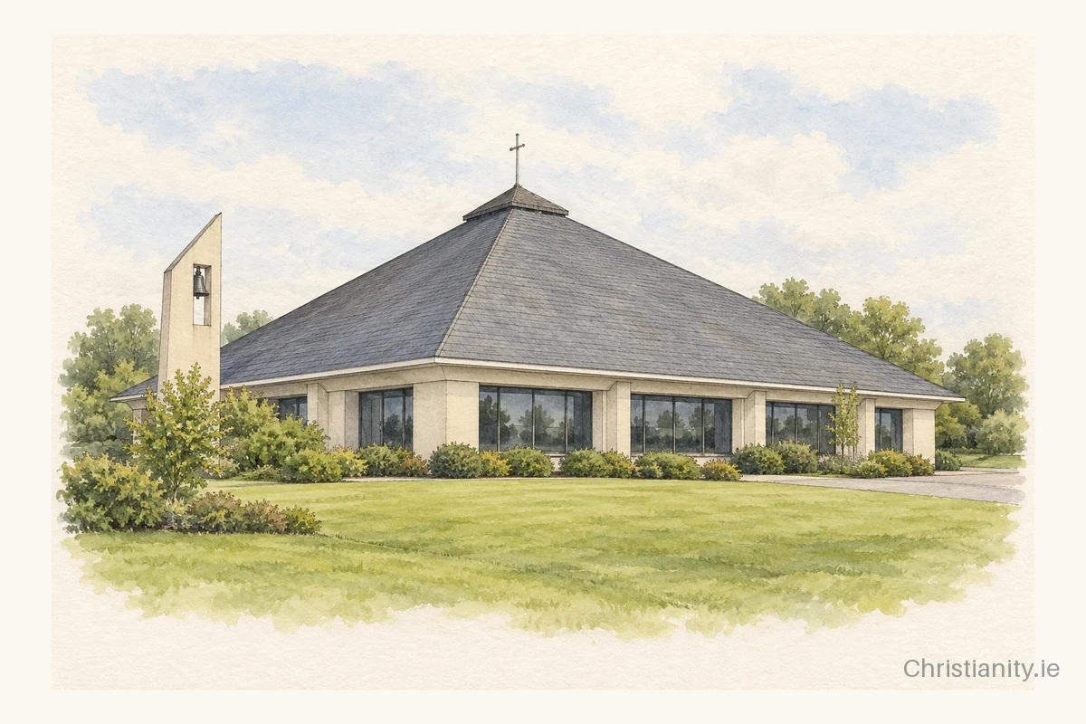 Watercolour and ink illustration of St Paul's Catholic Church, Dooradoyle (Séipéal Caitliceach Pól Naofa, Tuair an Daill)
