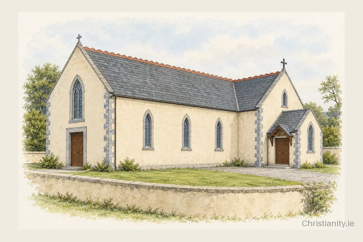 Watercolour and ink illustration of St. Ruadhan’s Church, Kilruane