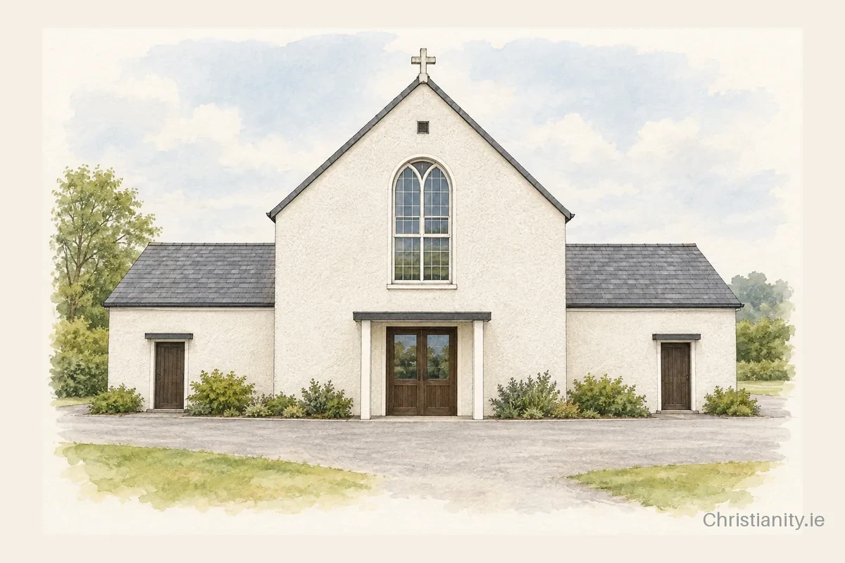 Watercolour and ink illustration of St Ruadhan’s, Lorrha