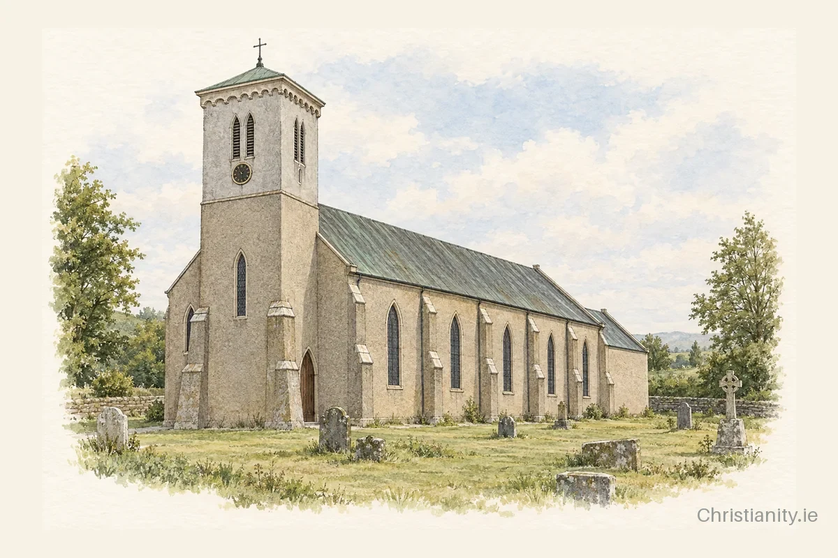 Watercolour and ink illustration of St Senan, Kilmacow
