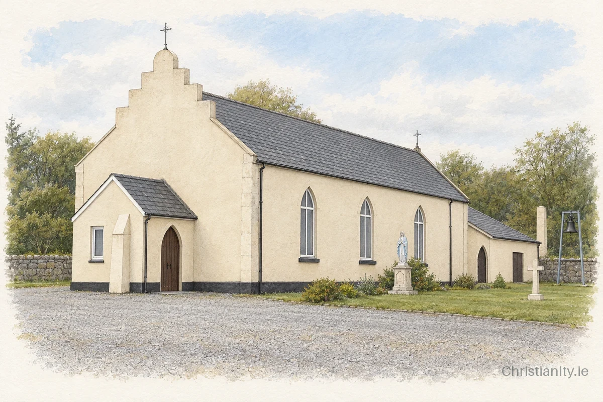 Watercolour and ink illustration of St. Thérèse's Church, Corrigeenroe