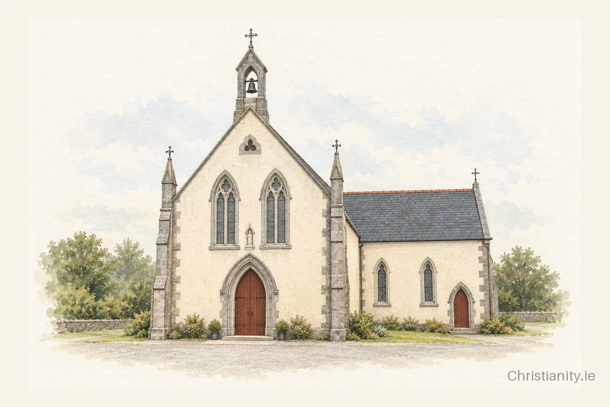 Watercolour and ink illustration of St. Tiernan's Church, Crossmolina