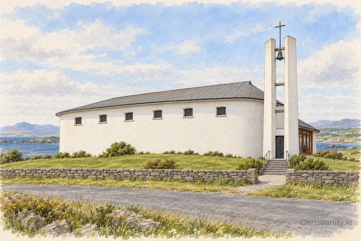 Watercolour and ink illustration of Star of the Sea Church, Desertegney