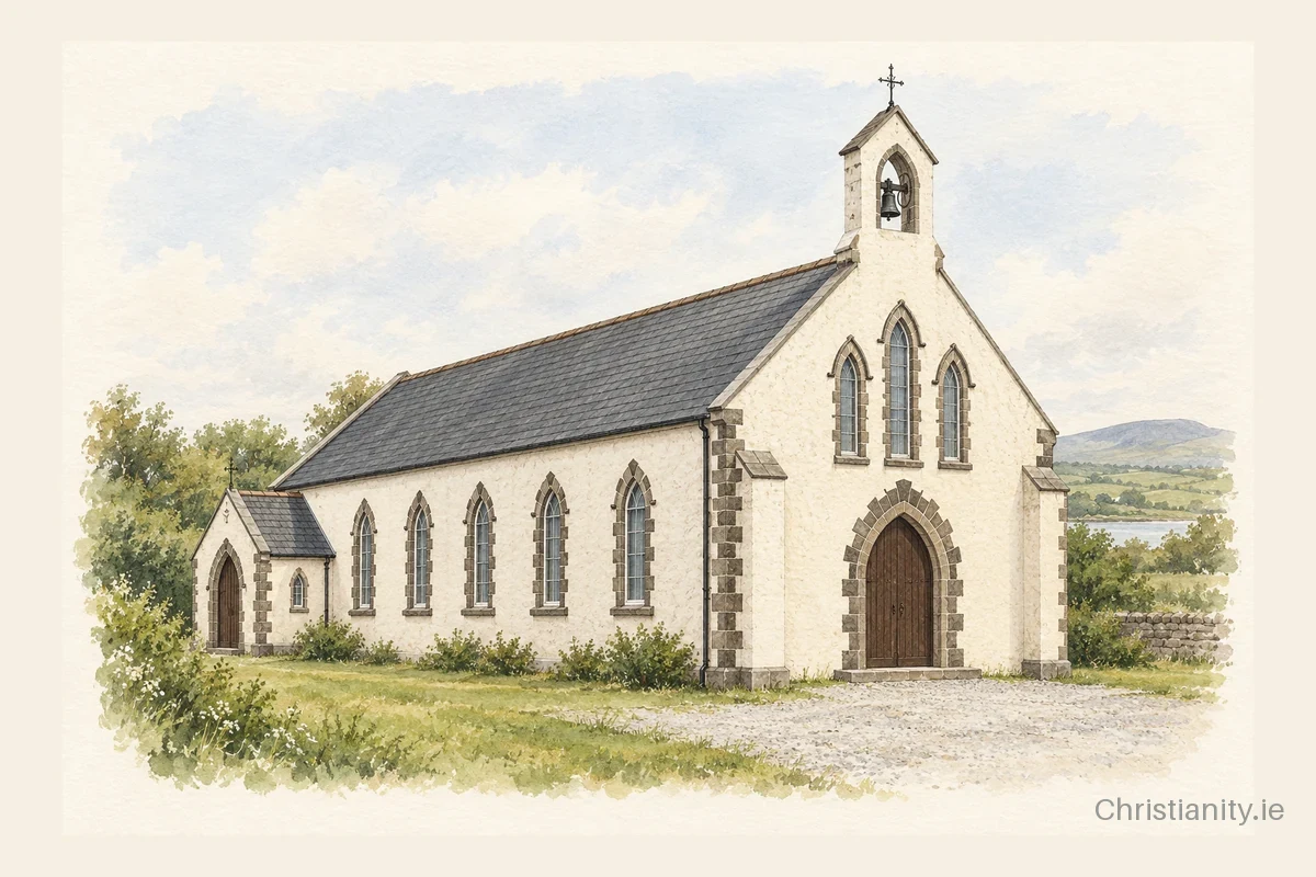 Watercolour and ink illustration of Star of the Sea Church, Rathlee