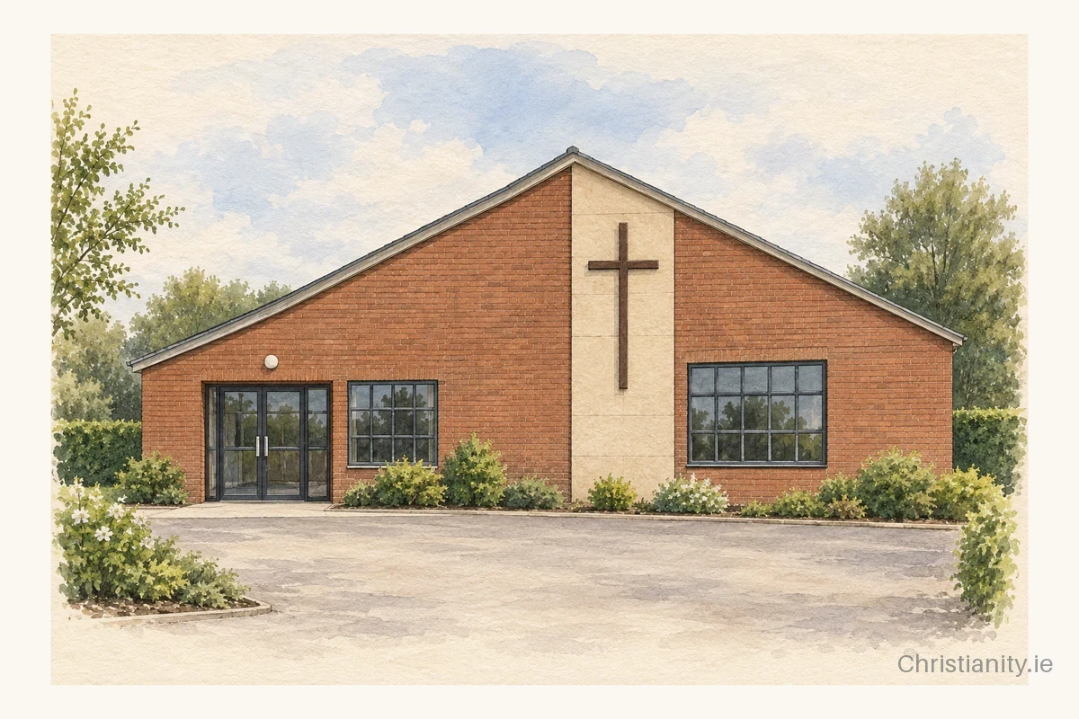 Watercolour and ink illustration of Taughmonagh Church