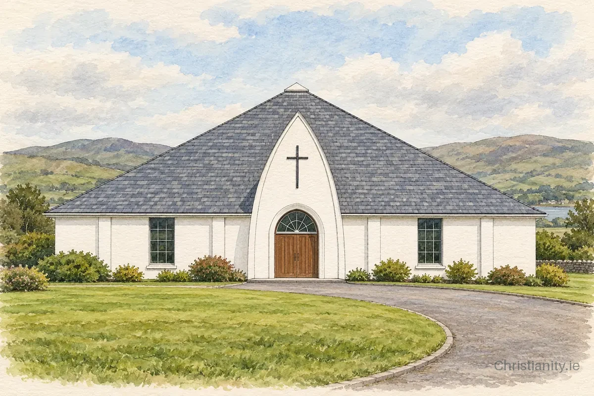 Watercolour and ink illustration of Teach Pobail Cholmcille Naofa, Baile na Finne
