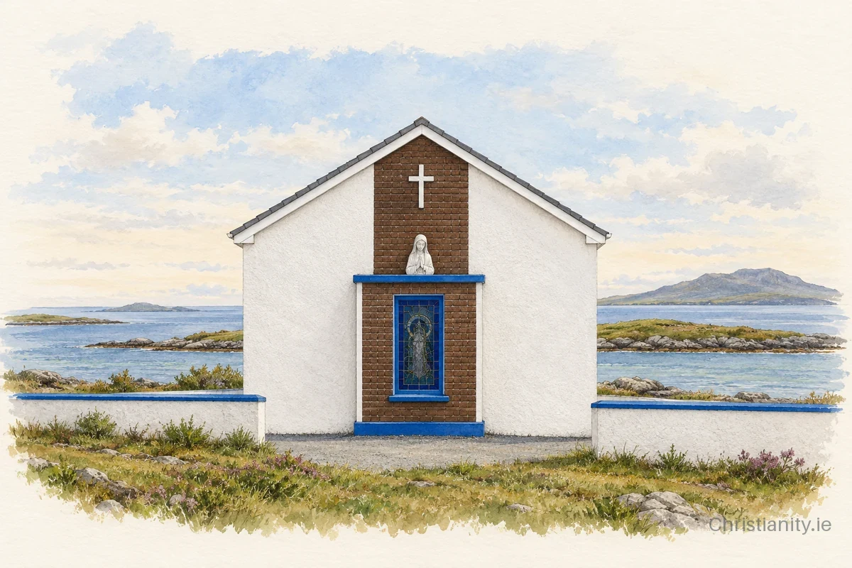 Watercolour and ink illustration of Teach Pobail Mhuire na nGrás, Inis Bó Finne