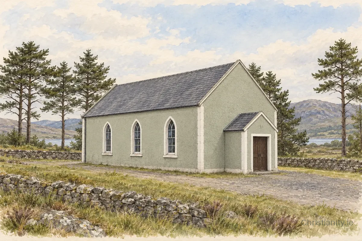 Watercolour and ink illustration of Teach Pobail Phádraig Naofa, Mín Bhaoill