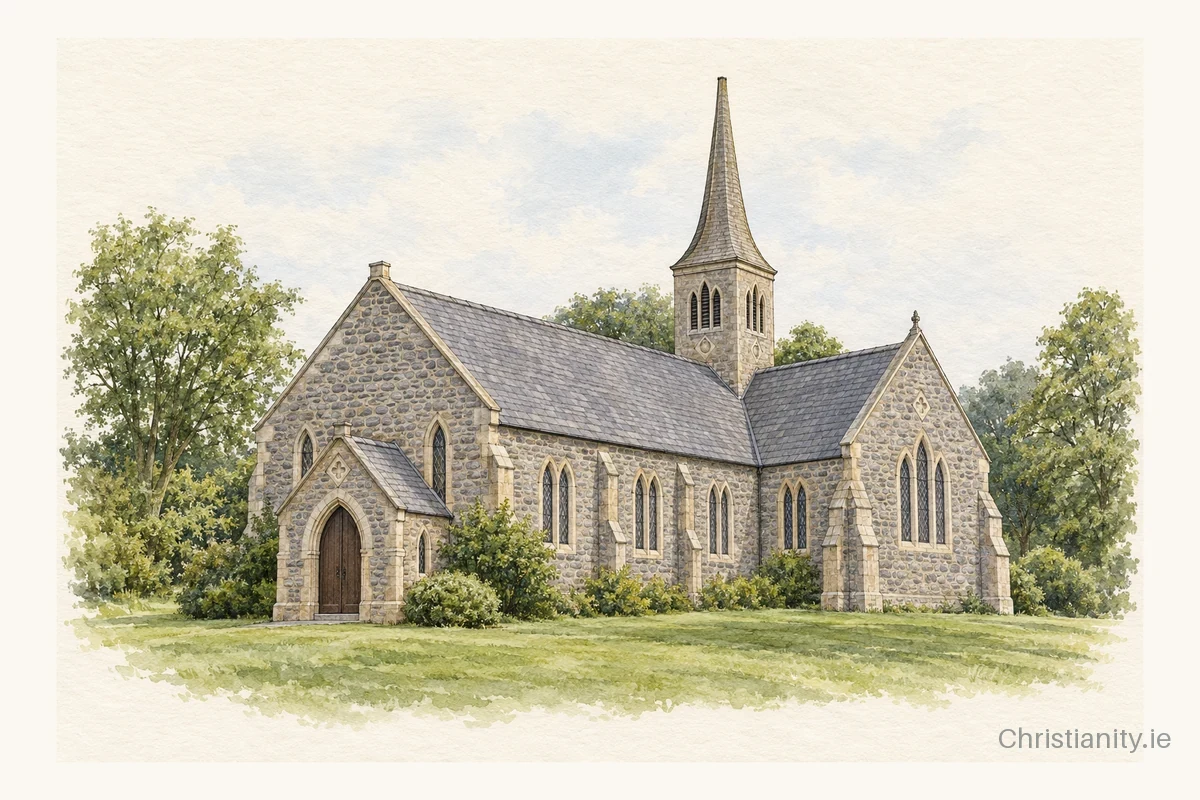 Watercolour and ink illustration of Templecorran St John (Ballycarry)