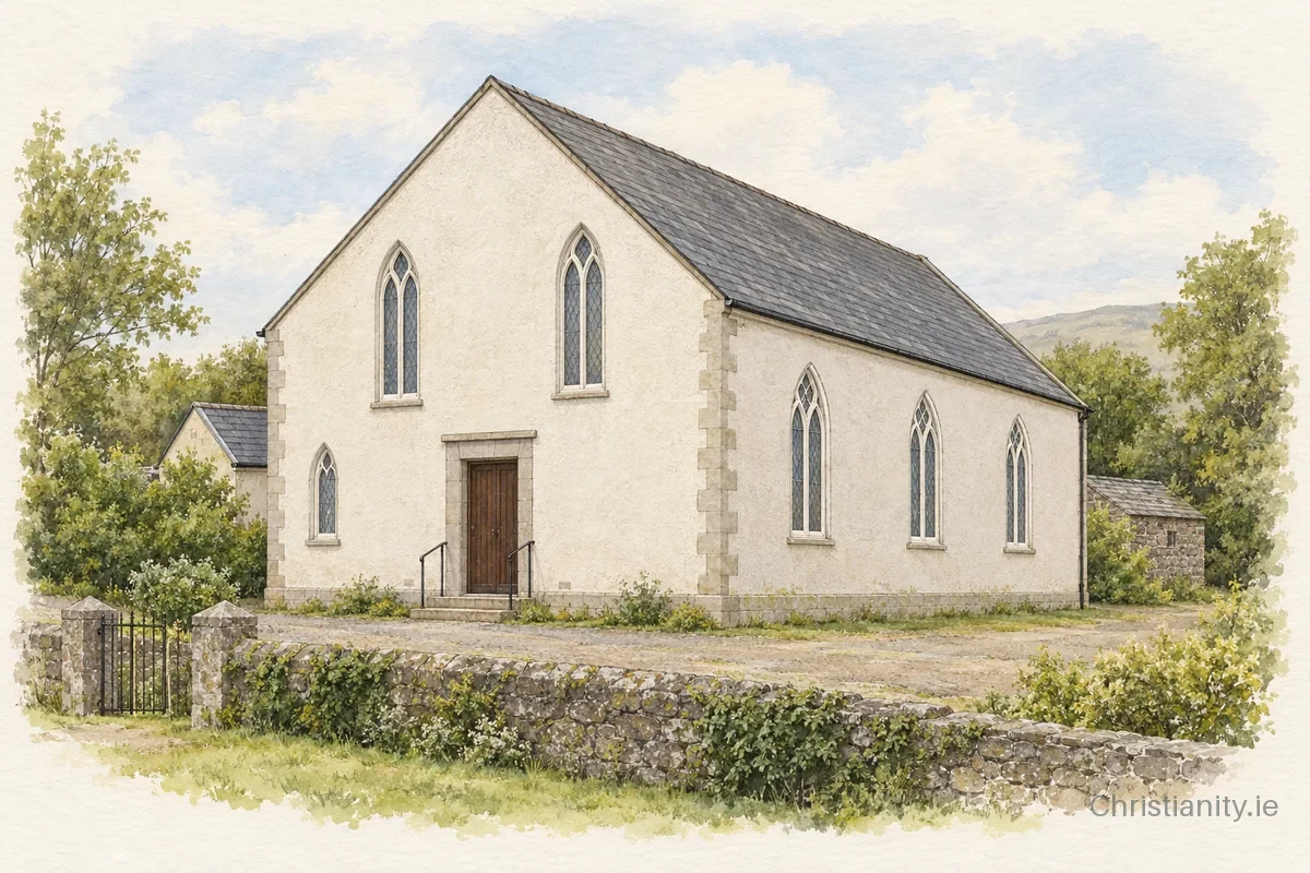 Watercolour and ink illustration of Templepatrick Presbyterian Church