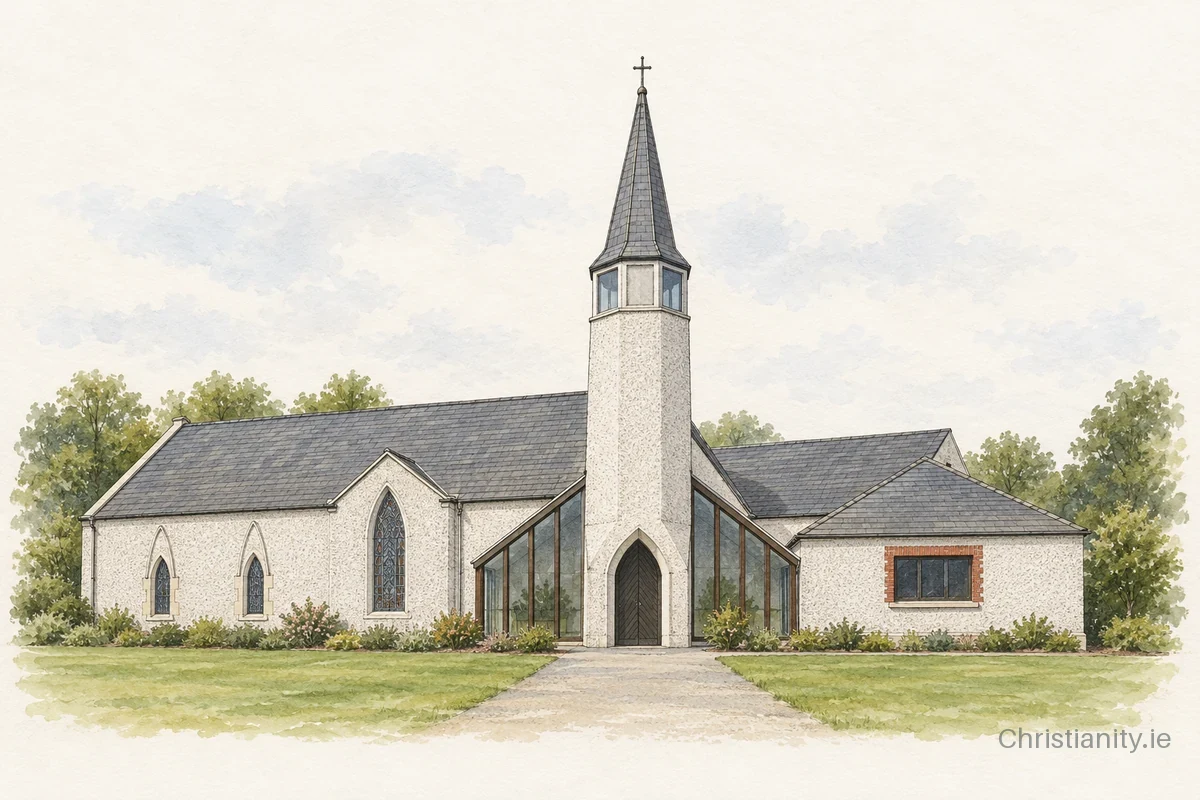 Watercolour and ink illustration of The Church of St Thérèse, Bellewstown