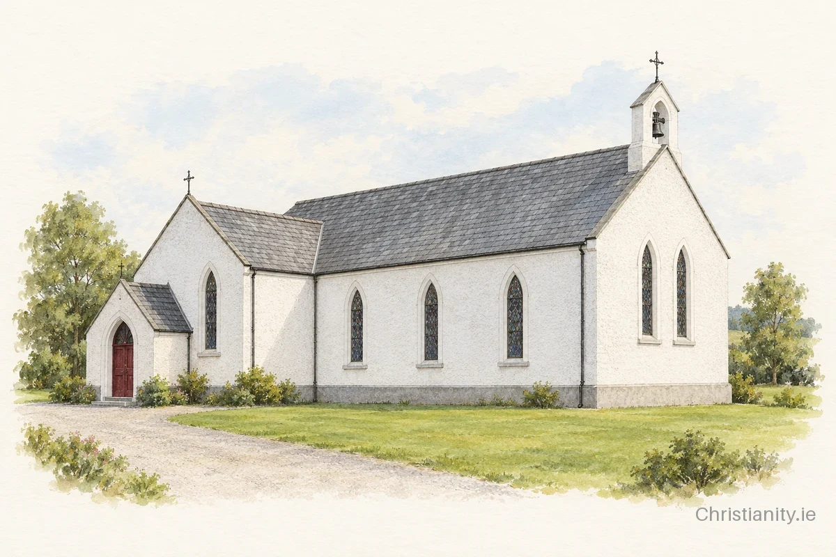 Watercolour and ink illustration of The Church of the Nativity of the Blessed Virgin Mary, Lenamore