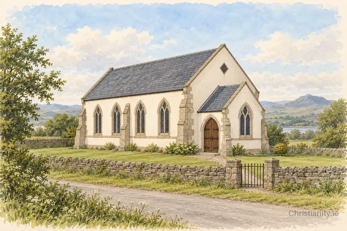 Watercolour and ink illustration of Trenta Presbyterian Church