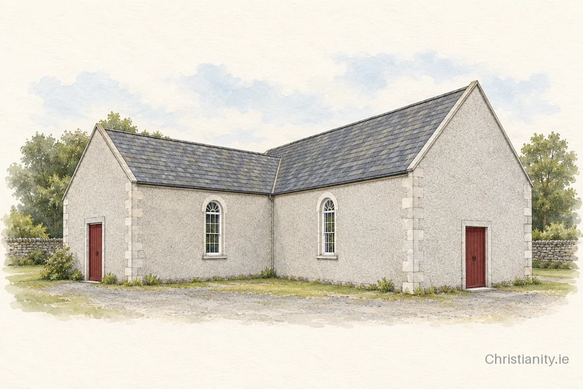 Watercolour and ink illustration of Tyrone's Ditches Presbyterian Church