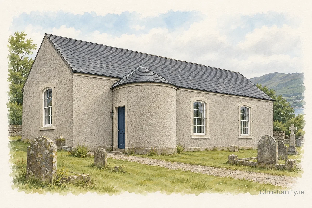 Watercolour and ink illustration of Warrenpoint First Presbyterian (Non-Subscribing) Church