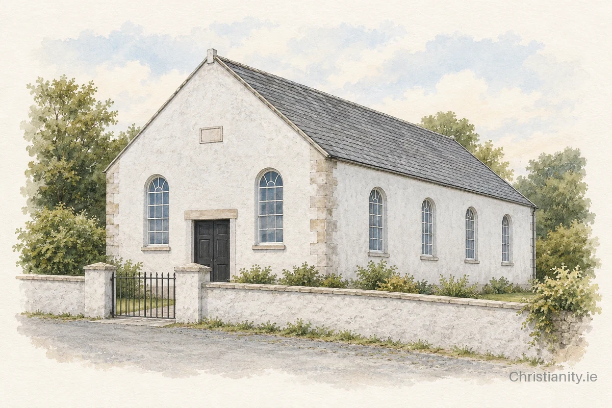 Watercolour and ink illustration of Woodburn Presbyterian Church